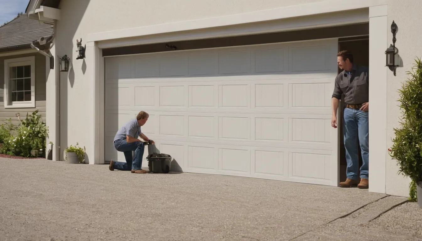 A friendly local garage door provider checking a spring above a garage door at a home in St. Charles